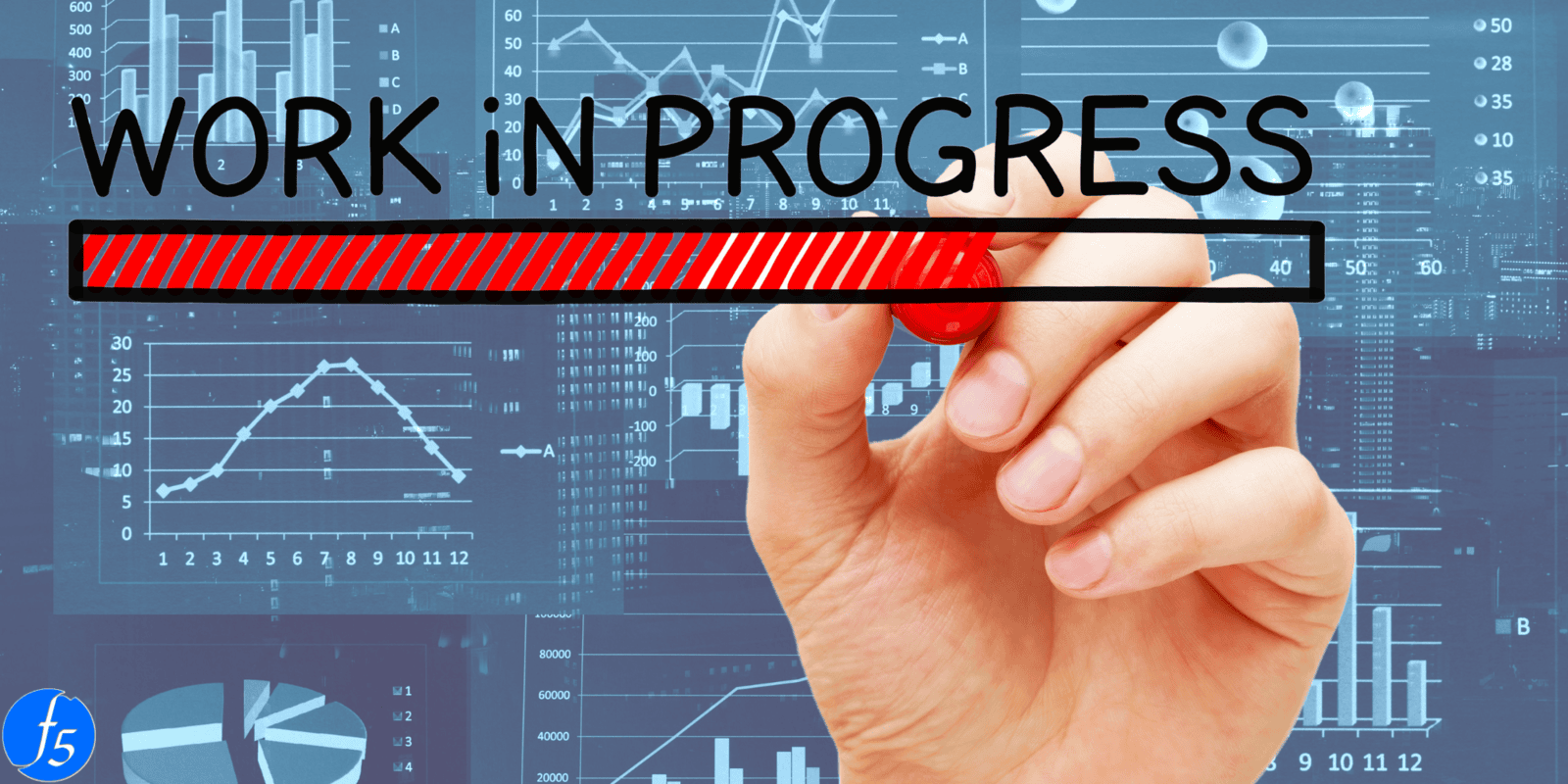 Financial graphs overlaid with a hand drawing a progress report indicating work in progress.
